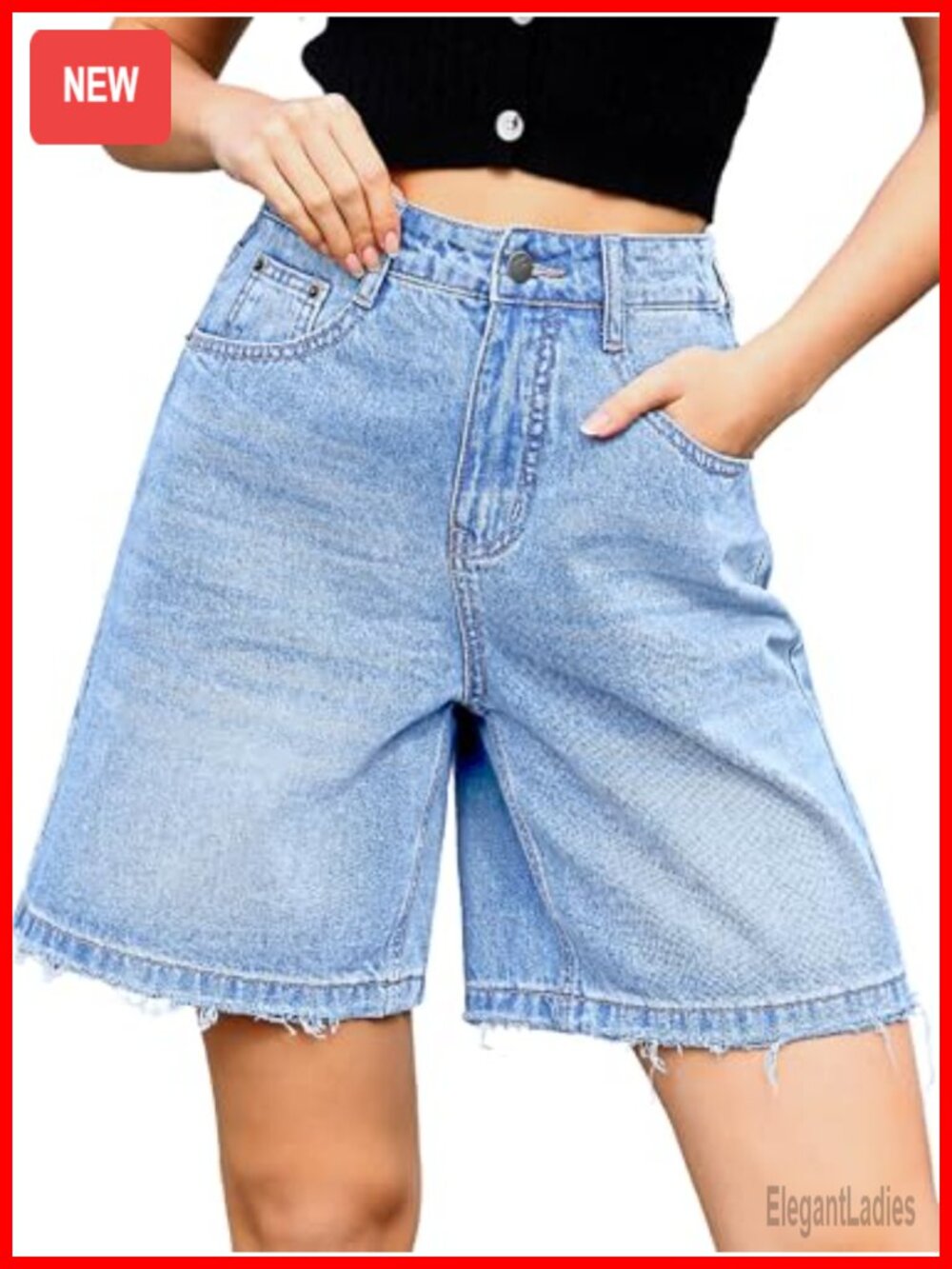 Baggy Wide Leg Knee Length Denim Shorts with Elastic Waist